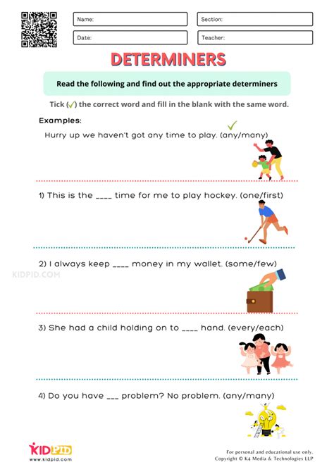 Determiners Printable Worksheets for Grade 1 - Kidpid