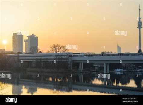 Wien, Vienna: sunset with Sahara dust, river Alte Donau (Old Danube ...