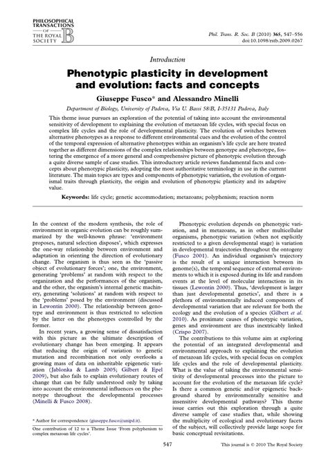 (PDF) Phenotypic plasticity in development and evolution: facts and ...