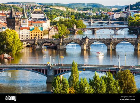 View of Prague and bridges over river Vltava (Moldau) Czech Republic. Famous Charles Bridge is ...