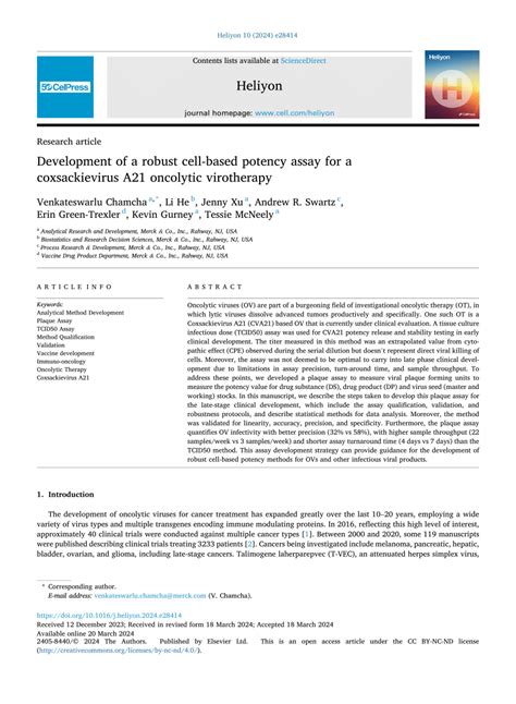 (PDF) Development of a robust cell-based potency assay for a coxsackievirus A21 oncolytic ...