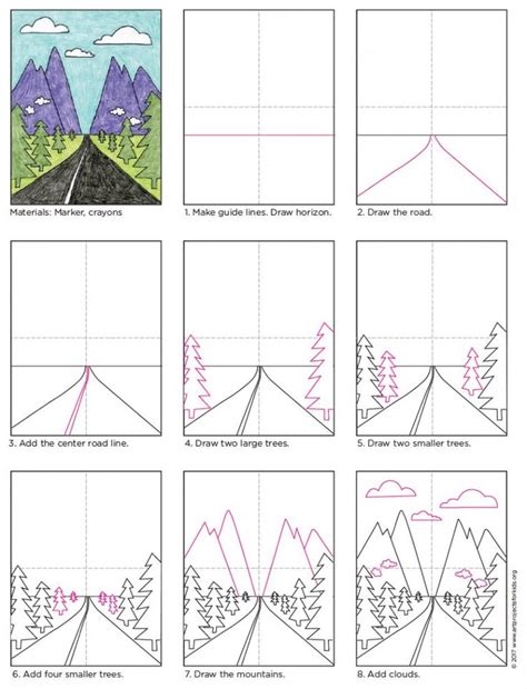 How to draw Landscapes in Perspective Tutorial Video and Landscape Coloring Page | Elementary ...