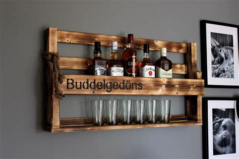 Whiskey Shelf Wood with Whiskey Glass Holder and Lettering Ready Mounted brown Industrial STYL