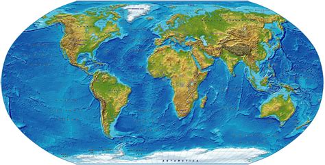 Digital vector, royalty free, World relief map in the Robinson projection, strong colour UK ...