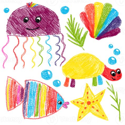 Set of hand drawn ocean animals. Sea children's turtle, jellyfish, fish, starfish, shell, algae ...