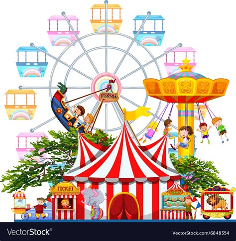 Amusement park scene with many rides Royalty Free Vector