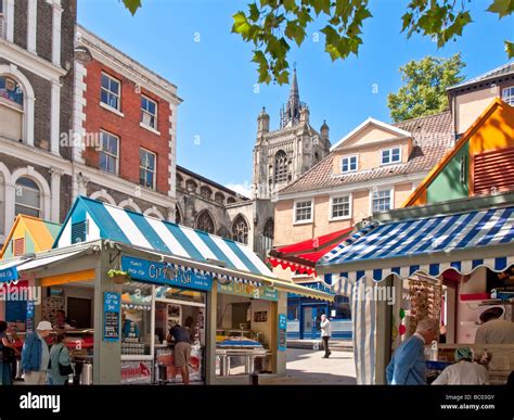 Corner of Norwich Market showing St Peter Mancroft Medieval Church ...