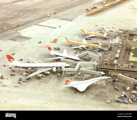 Concorde, G-BOAA, a Boeing 747 and a VC10 at the British Airways stand ...