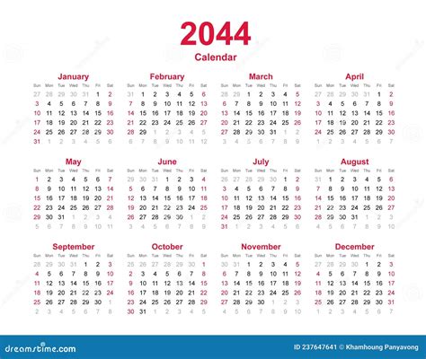 Calendar 2044 - 12 Months Yearly Vector Calendar in Year 2044 - Calendar Template - Planner ...