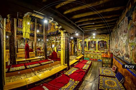 Image of The old antique, rich and colourful interior of the Thiksey Monastery in Ladakh, India ...