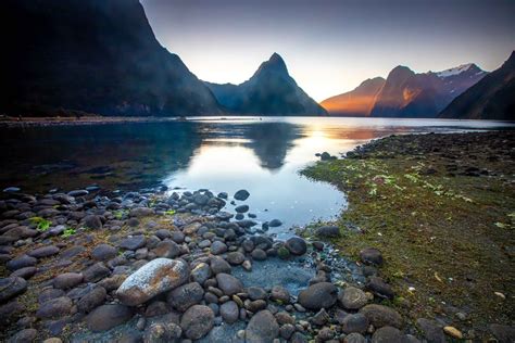 Milford Sound sunset with foreground rock South Island, New Zealand