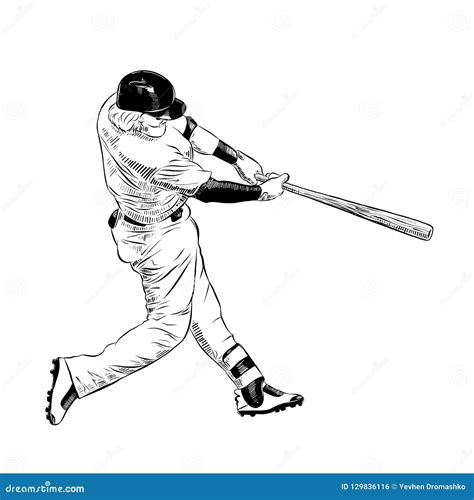 Hand Drawn Sketch of Baseball Player in Black Isolated on White Background. Detailed Vintage ...