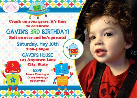 Robot Photo Birthday Party Invitation Boy Girl Boogie Bear Invitations ...