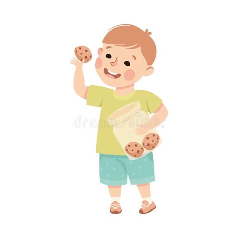 Little Boy Eating Sweet Cookies from Jar with Happy Face Enjoying Sugary Treat Vector ...