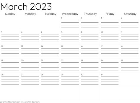 Lined March 2023 Calendar Template in Landscape