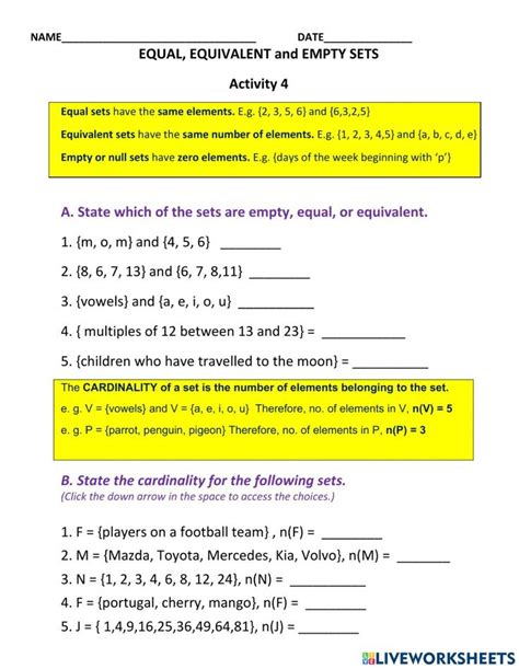 Empty, Equivalent and Equal Sets worksheet