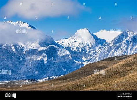 The Absaroka Mountains, snow-capped in spring, viewed from Interstate ...