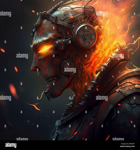 Concept Art Cyborg with Glowing Eyes Flames Coming out of his Neck ...