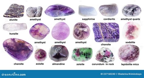 Set of Various Tumbled Purple Stones with Names Stock Photo - Image of kunzite, mineral: 237160240