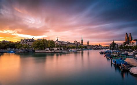 Zurich, Switzerland, city, evening, sunset, houses, river, bridge ...