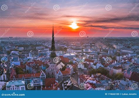 Skyline of Riga Old Town, Sunrise Time. Riga is the Capital and the ...