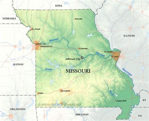 Physical map of Missouri