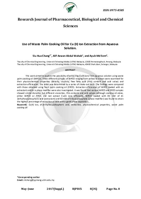 (PDF) Use of Waste Palm Cooking Oil for Cu (II) Ion Extraction from Aqueous Solution | PROFESSOR ...