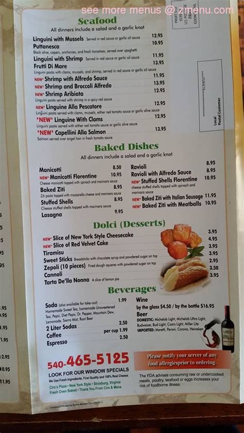 Menu at Ciro's Pizza pizzeria, Strasburg