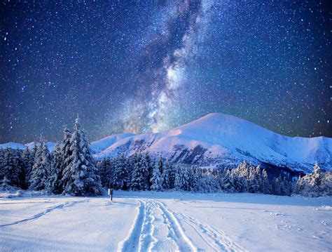 Download Star Landscape Sky Snow Mountain Nature Winter 4k Ultra HD Wallpaper