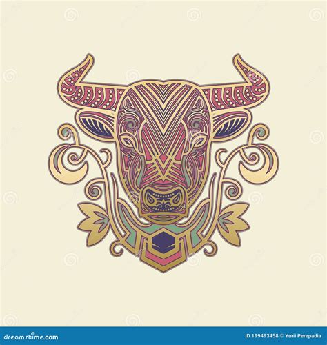 Ornamental Sacred Cow Face Mascot. Tribal Hindu Cattle Symbol with Floral Pattern Stock Vector ...