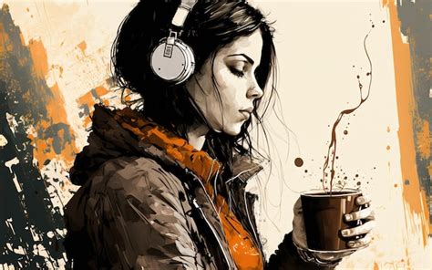 Premium Photo | Girl with headphone listens music and drinks coffee ...