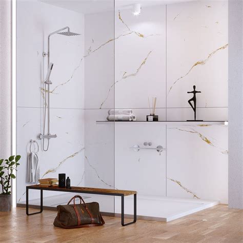 Set of two 47" x 47" gold marble effect wall panels CALACATTA GOLD | Bath Depot