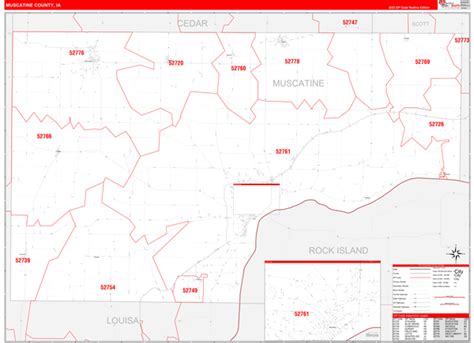 Muscatine County, IA Zip Code Wall Map Red Line Style by MarketMAPS - MapSales