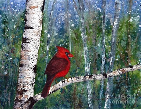 Winter Cardinal in Birch Tree Painting by Laura Tasheiko