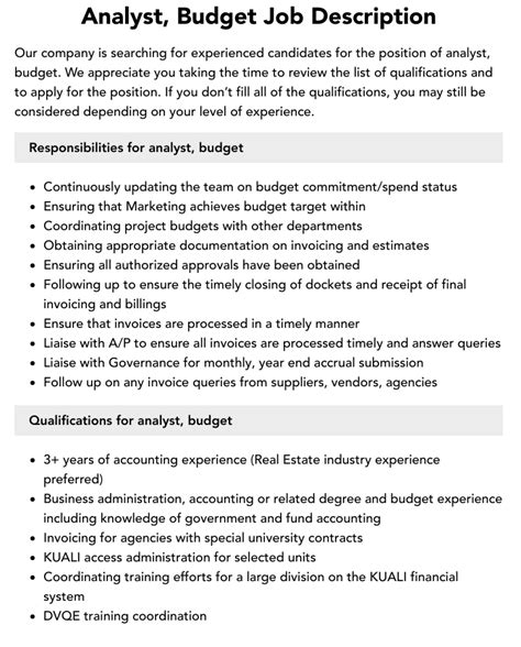 Analyst, Budget Job Description | Velvet Jobs