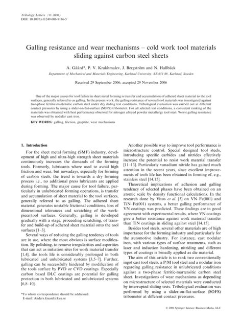 Galling Resistance and Wear Mechanisms - Cold Work Tool Materials ...