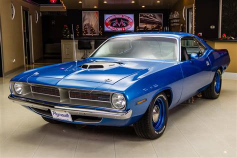 Download Blue 1970 Plymouth Barracuda Showroom Wallpaper | Wallpapers.com