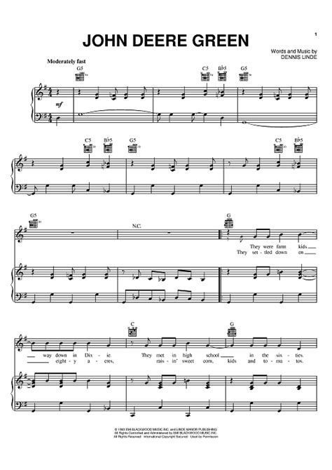 John Deere Green" Sheet Music by Joe Diffie for Piano/Vocal/Chords ...