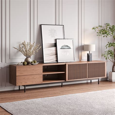 Mid-Century Modern TV Stand | Louvered Wood & Slatted Doors | Free Shipping