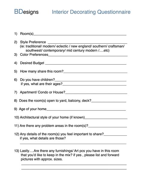 a printable question sheet for interior decorating