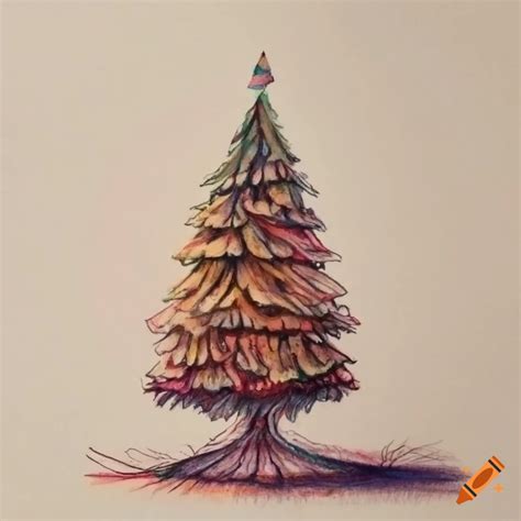 Detailed christmas tree colored pencil drawing in rembrandt style