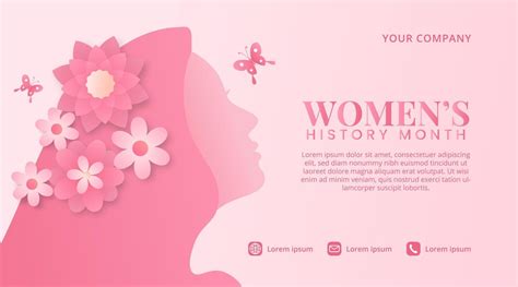 Women's history month background with a pink cutting paper woman with flowers and butterflies ...