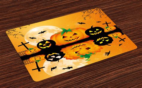 Halloween Placemats Set of 4 Spooky Carved Halloween Jack o Lantern and Full Moon with Bats and ...