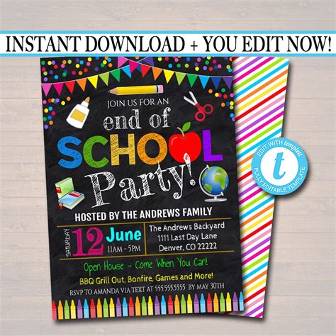 EDITABLE End of School Party Invitation, Printable Digital Invite, Back to School Part… | School ...