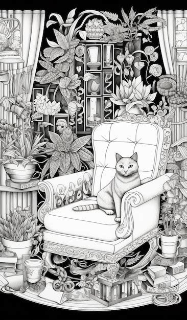 Premium AI Image | a drawing of a cat sitting on a chair in a room generative ai