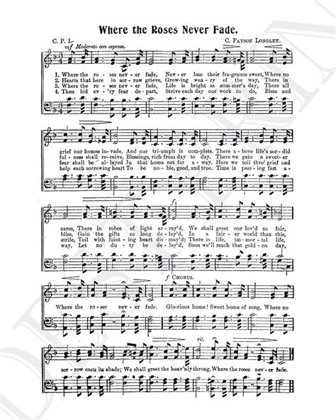 Where the Rose Never Fades Hymn Lyrics Hymnal Sheet Sheet Music Home Decor Inspirational Art ...