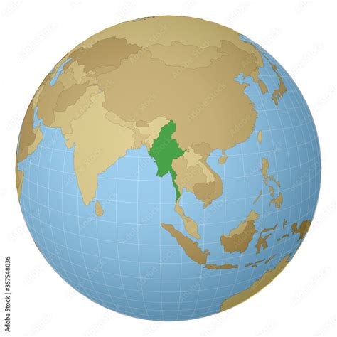 Globe centered to Myanmar. Country highlighted with green color on world map. Satellite ...