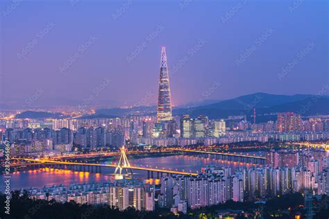 Seoul night view at Lotte world tower,South Korea. Stock Photo | Adobe ...