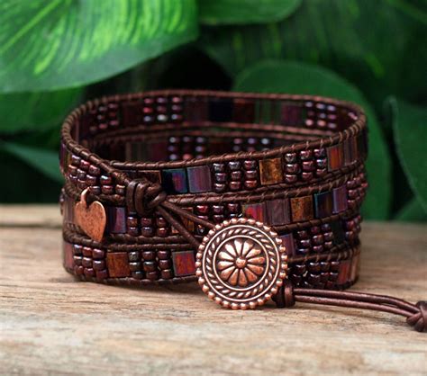 Purple Plum Copper Tile Wrap Bracelet Unique Artisan Jewelry | Etsy in 2021 | Beaded leather ...