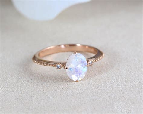 Moonstone Ring Vintage Inspired Oval Rainbow Moonstone Ring, Rose Gold Fire Moonstone Engagement ...